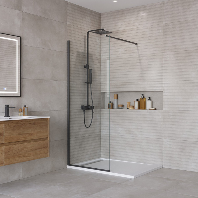Душевая перегородка BELBAGNO KRAFT-L-1-700-C-NERO с односторонним входом, стекло прозрачное, профиль чёрный, 700x1950 мм